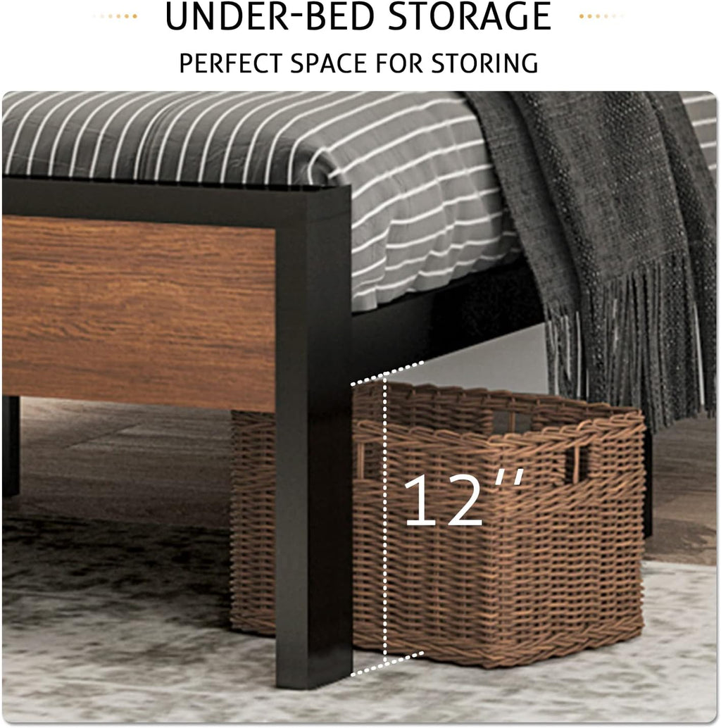 Marco de cama de plataforma de metal tamaño Queen de 14 pulgadas con cabecero y pie de cama de madera, base de colchón, no se necesita somier, gran almacenamiento debajo de la cama, antideslizante sin ruido, nogal