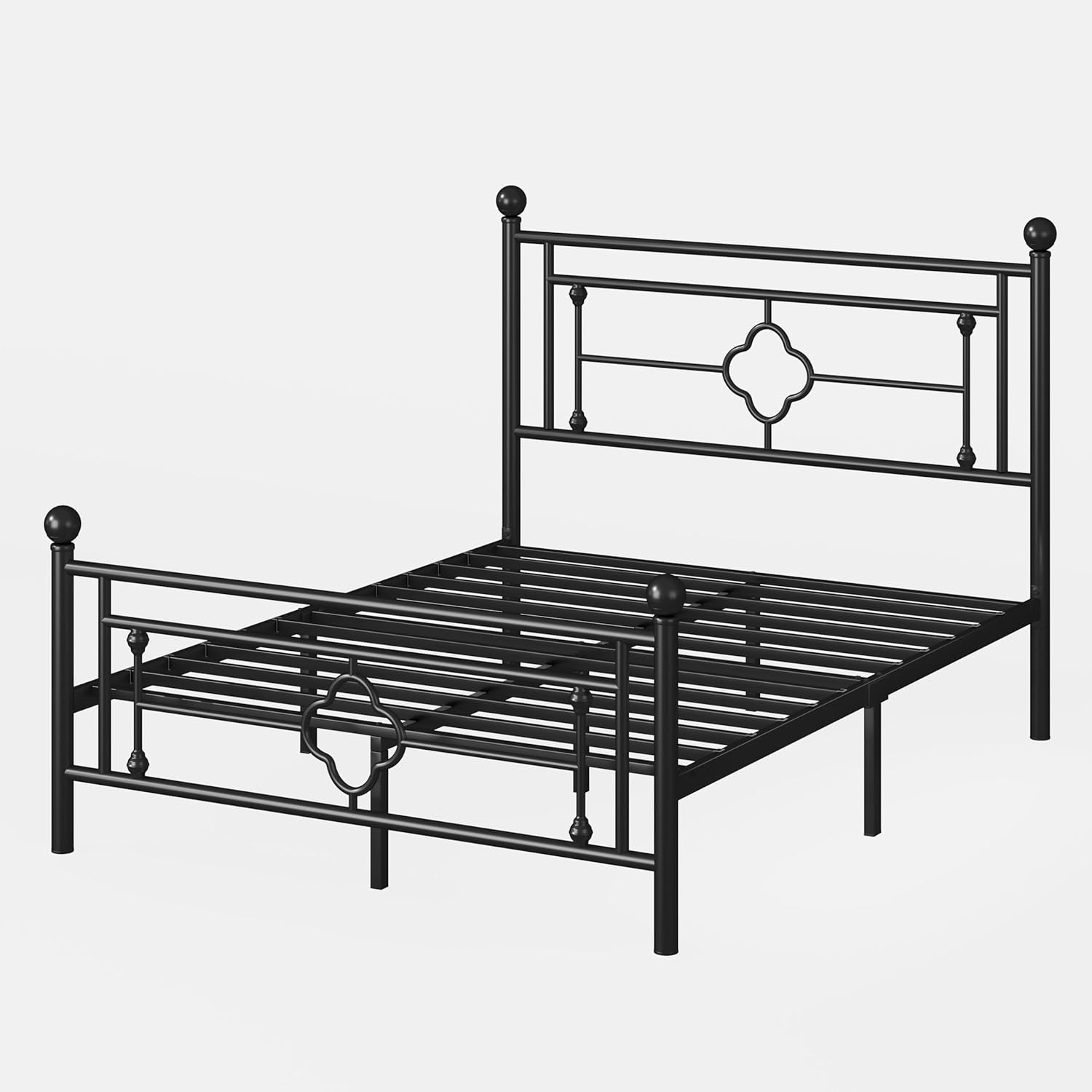 14 pulgadas Marco de cama de plataforma de metal tamaño queen/Cabecero y pie de cama Iron-Art vintage/Base de colchón para almacenamiento/No se necesita somier/Libre de ruido/Fácil montaje/Negro