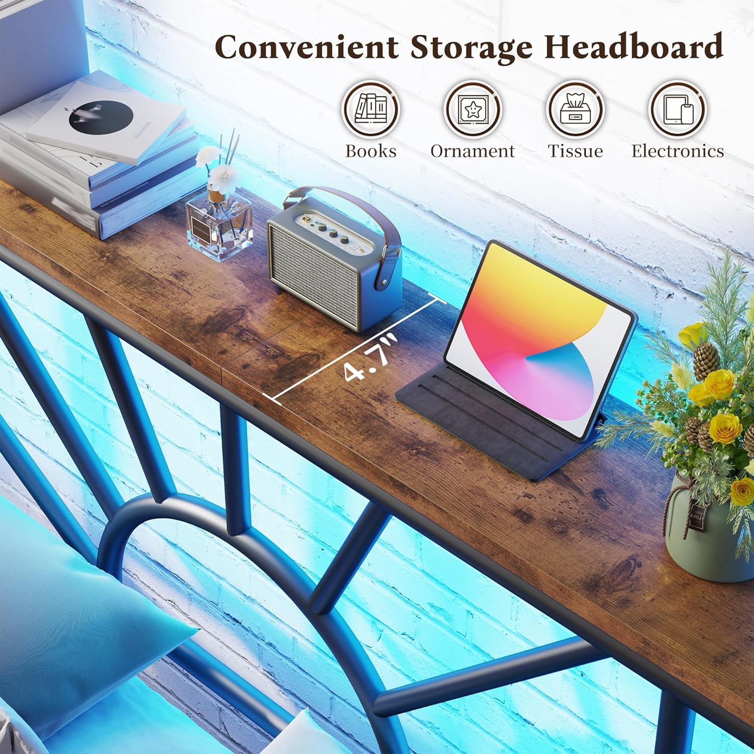 Marco de cama de metal Queen con cabecero y pie de cama, marco de cama tamaño Queen con luz LED, base de colchón con almacenamiento debajo de la cama/No se necesita somier/Sin ruido/Fácil montaje, Negro